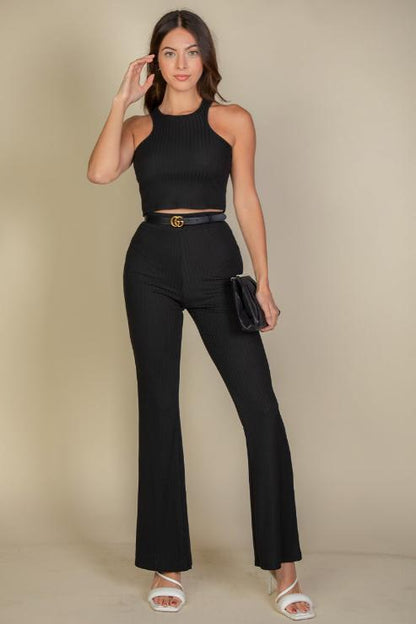 Ribbed Cropped Top and Bootcut Pants Set for Women
