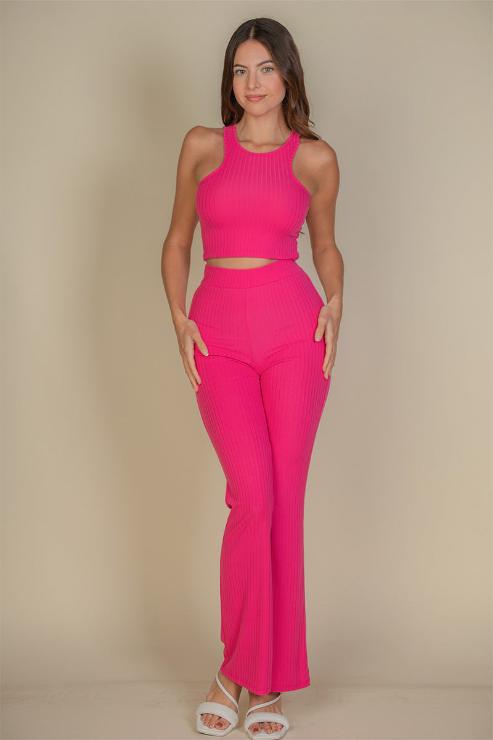 Ribbed Cropped Top and Bootcut Pants Set for Women