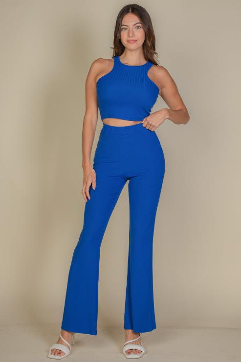 Ribbed Cropped Top and Bootcut Pants Set for Women