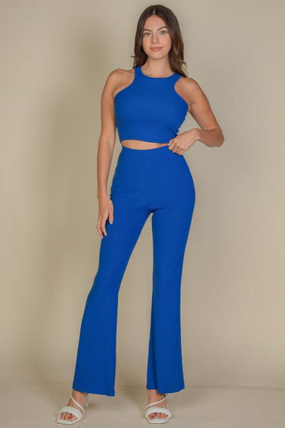 Ribbed Cropped Top and Bootcut Pants Set for Women