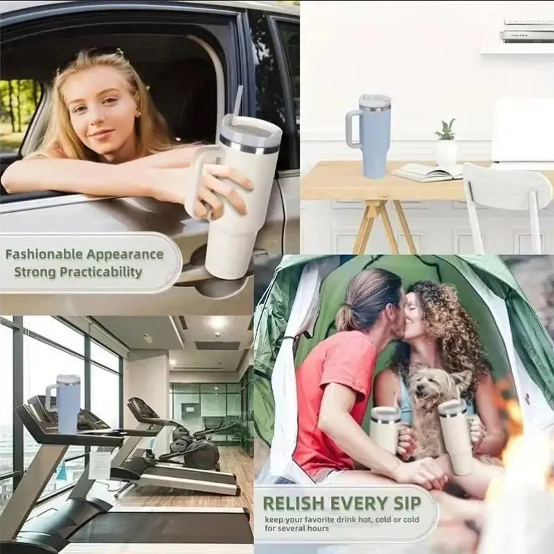 40oz Insulated Tumbler with Handle & Straw, 1200ML Travel Coffee Cup