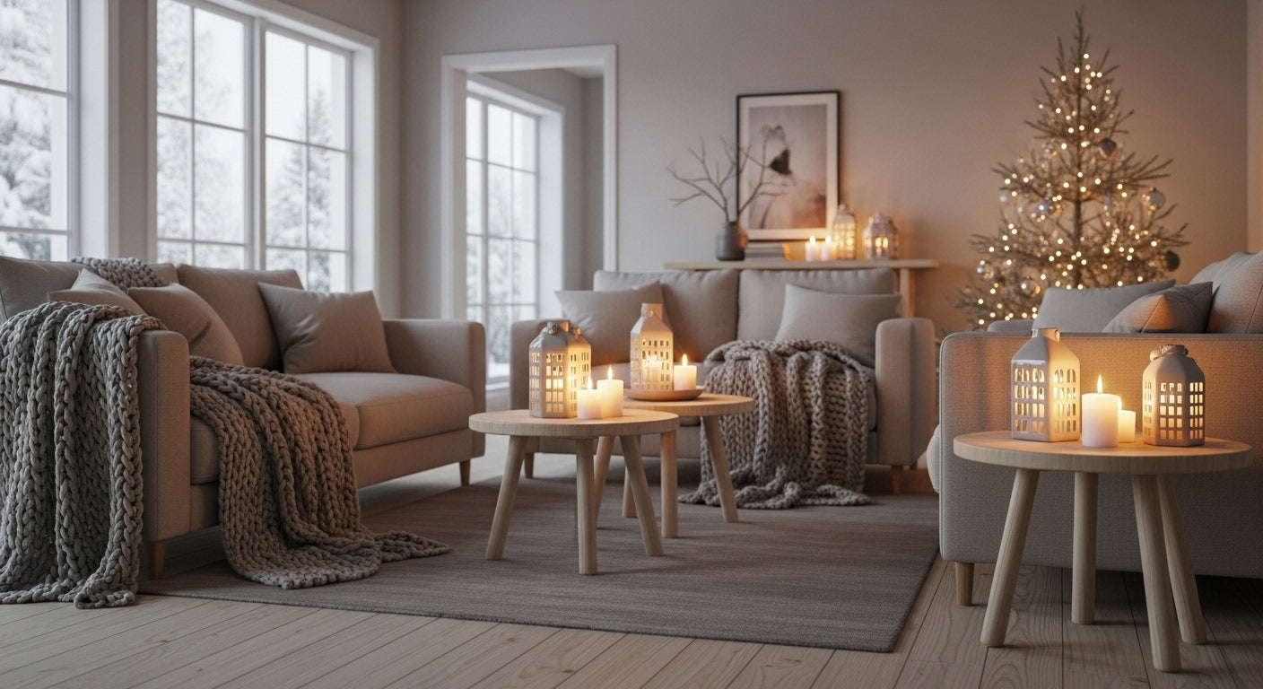 Cozy winter living room decor with candles, neutral tones, and Christmas tree